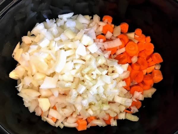 chopped onion, carrots, celery, and potatoes