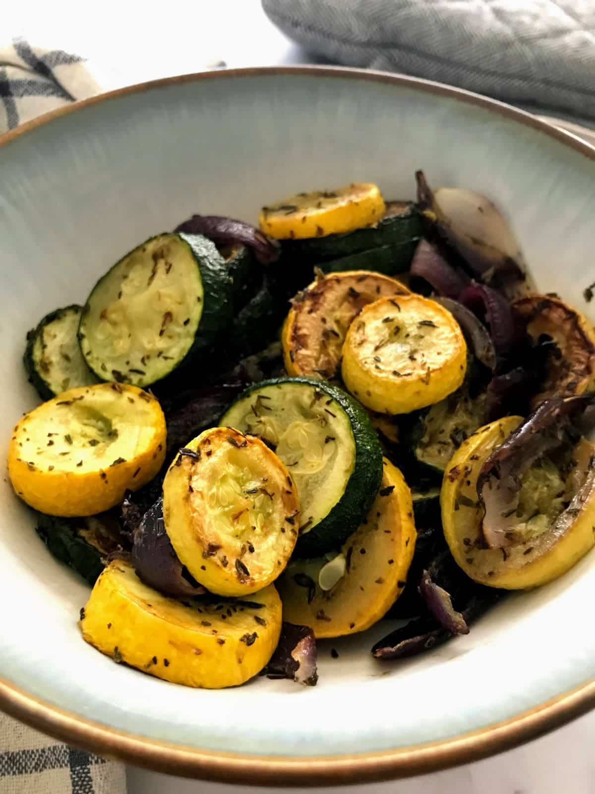 roasted summer squash and zucchini in a bowl