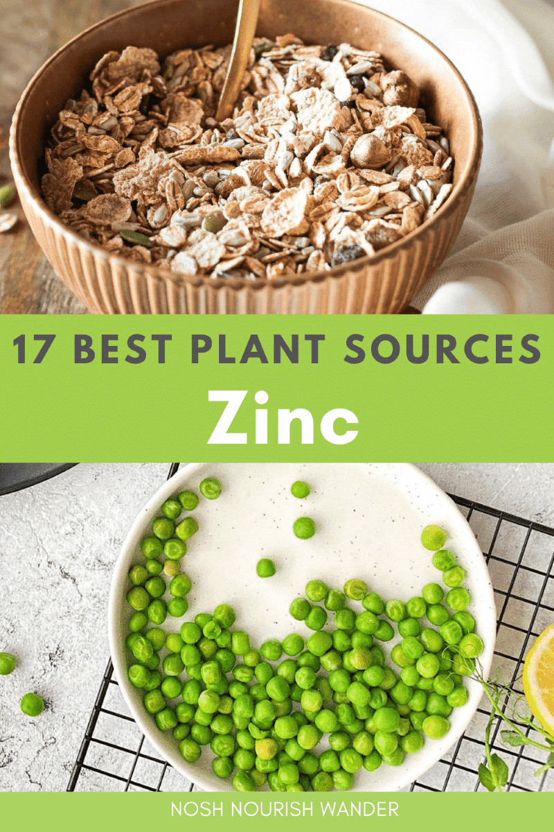 best plant sources of zinc, bowl of whole grain cereal and plate of green peas