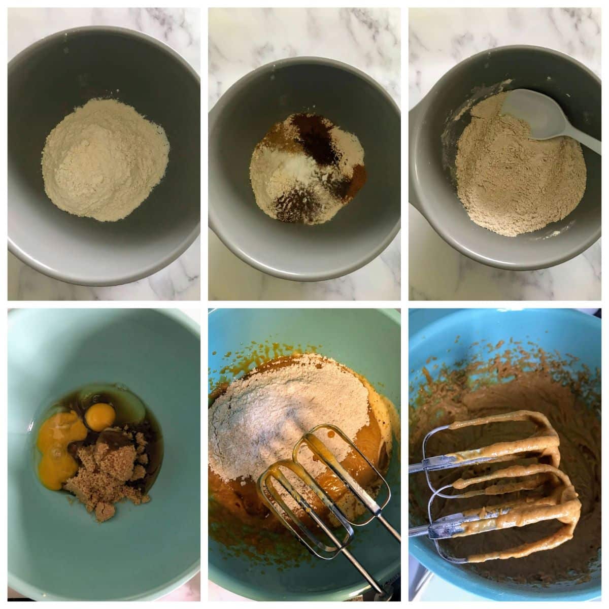 mixing bowls with flour, spices, eggs, sugar, pumpkin, and oil