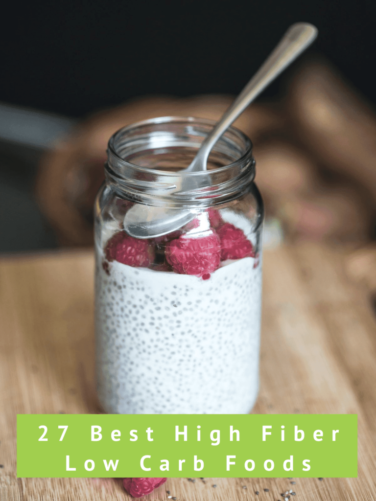 27 Best High Fiber Low Carb Foods, picture of chia seed pudding with raspberries on top in a glass jar
