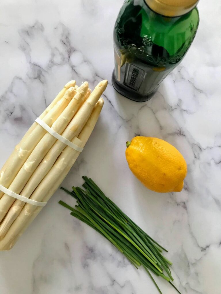 white asparagus, chives, lemon, and olive oil